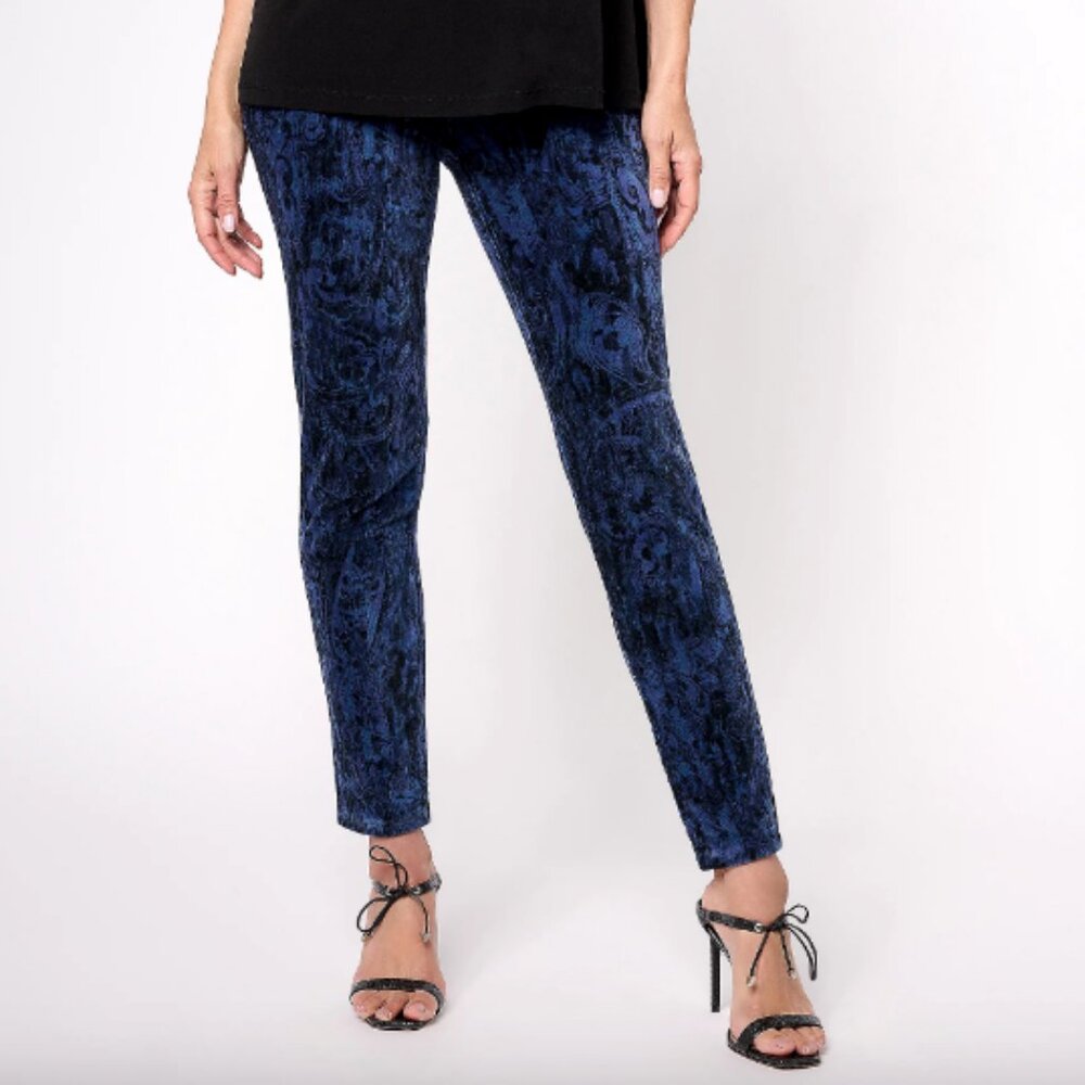 Susan Graver Regular Printed Knit Corduroy Slim Ankle Pants , Blue Sz 2X a618815
